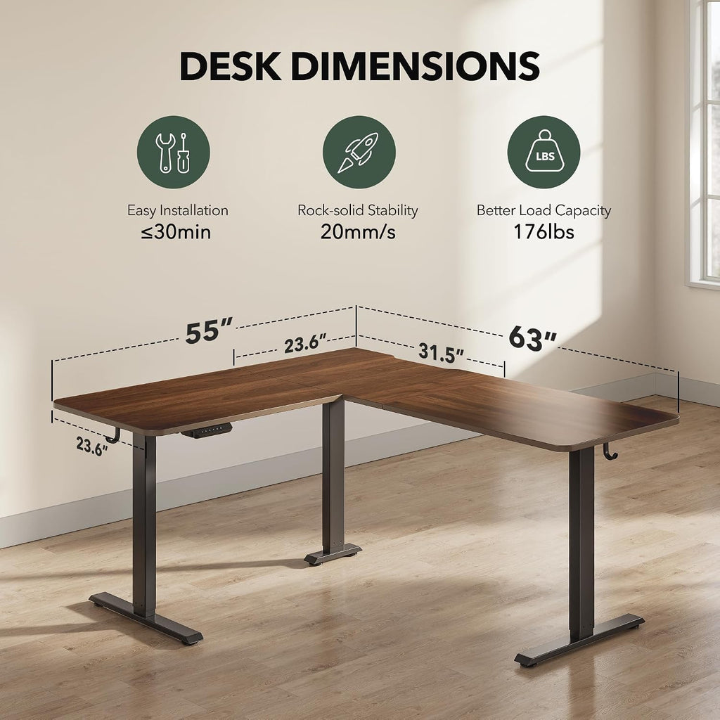 Reversible L Shaped Standing Desk - 63 x 55 Inch Electric Adjustable Height Corner Standing Desk, Ergonomic Sit Stand