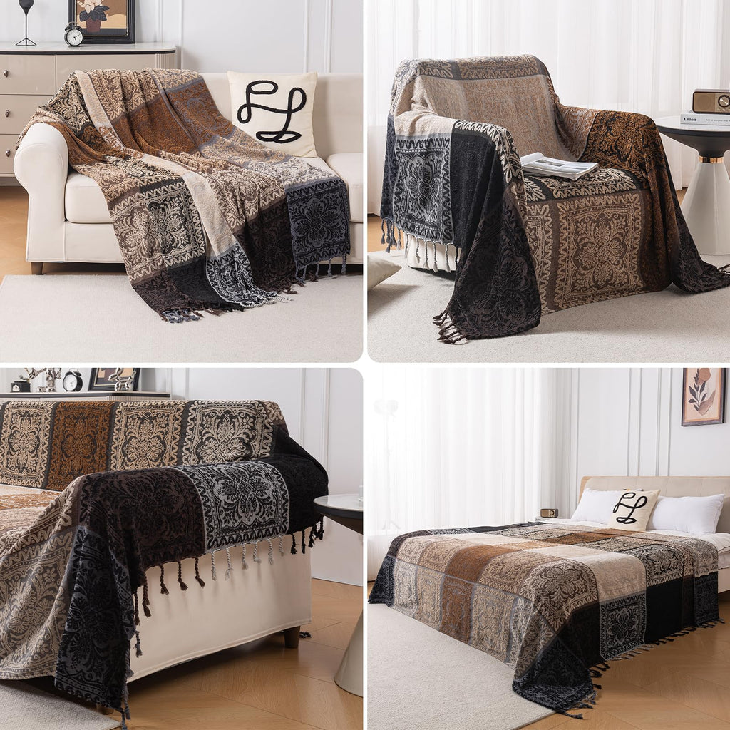 Boho Throw Blanket, Chenille Jacquard Tassels Throw Blankets for Bed Couch Soft Chair, Bohemian Fringe Tassels