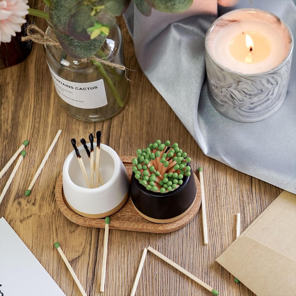 Ceramic Match Holder with Striker - Match Container With Wooden Tray Matchstick Holder Bathroom Candle - Set of 2