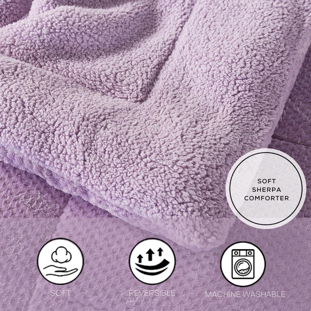 Super Ultra Soft Luxury Plush Sherpa Comforter, Cozy Reversible Faux Fur Machine Washable Bedding, Purple, Queen Size