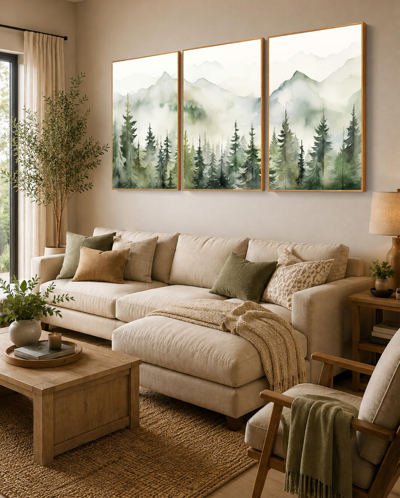 16x24 in Sage Green Mountain Landscape Large Wall Art Set of 3
