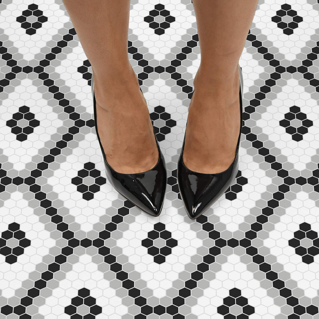 Leyton Peel and Stick Floor Tiles, Black, Geometric Vinyl Floor Tiles, Water Resistant, 12 in x 12 in, Pack of 10