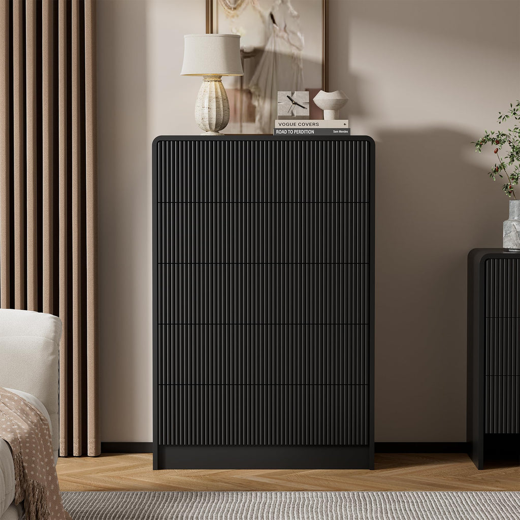 Black 5 Drawer Dresser, Curved Tall Dresser with Push-to-Open Design, Chest of Drawers, 15.7"D x 32"W x 47.2"H