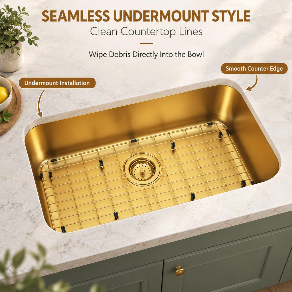 Gold Kitchen Sink, 30 Inch Stainless Steel Undermount Sink