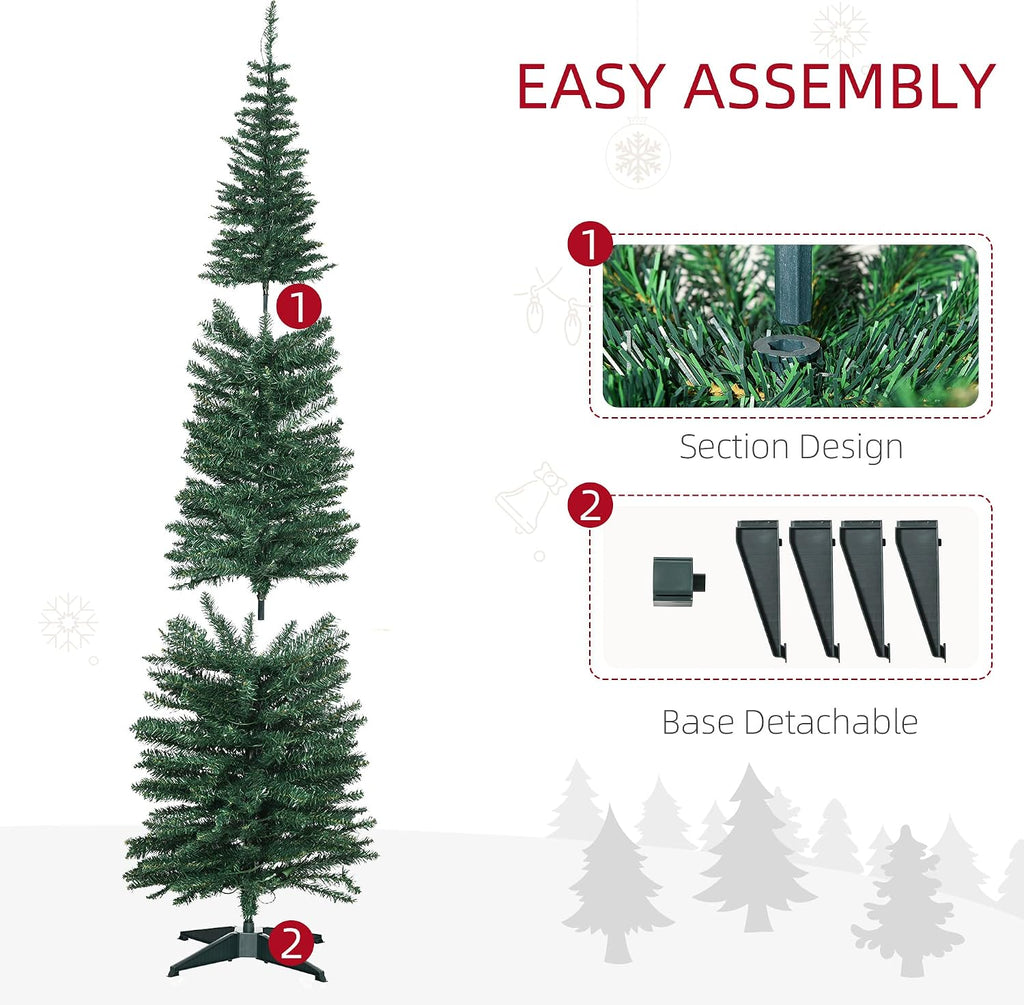 7' Tall Pre-Lit Slim Noble Fir Artificial Pencil Christmas Tree with 200 Warm White LED Lights and 499 Tips, for