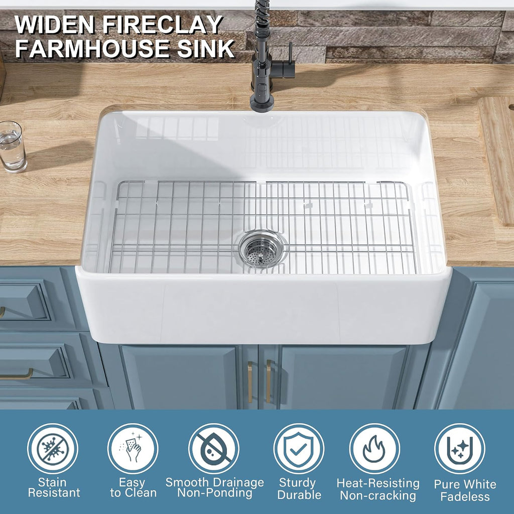 30" x 20" Fireclay Apron Front Farmhouse Sink White | Single bowl farm style, Easy to clean, Resistant to stains
