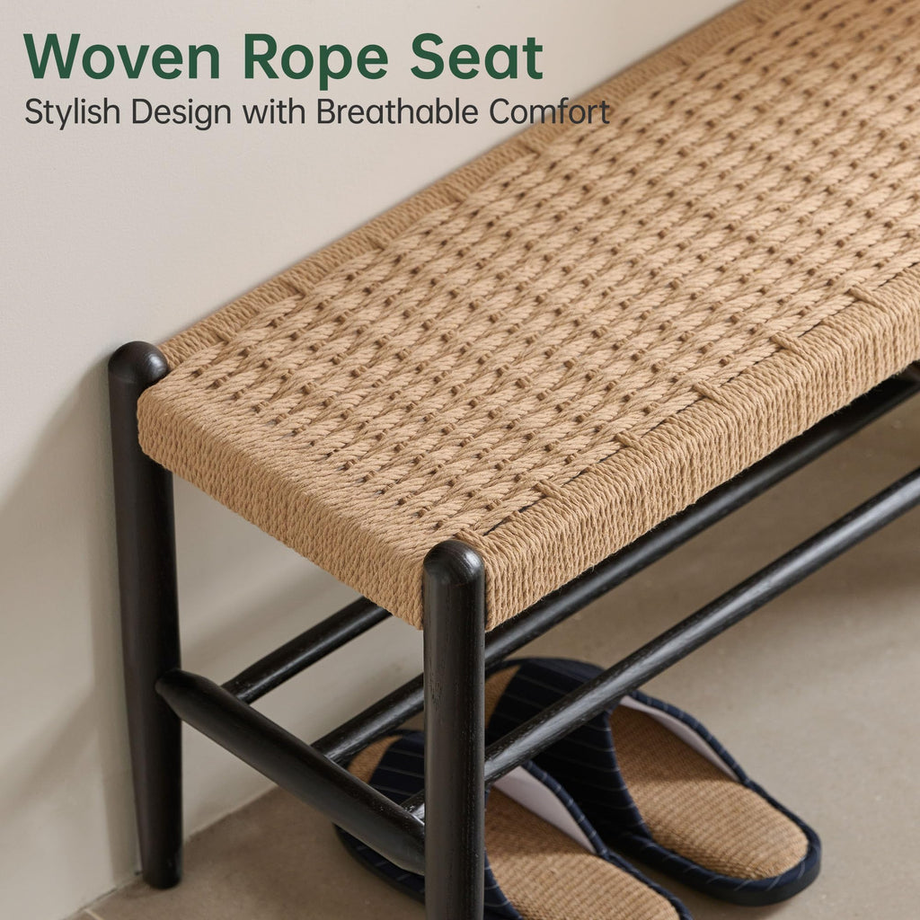 Solid Wood Shoe Bench, Woven Shoe Rack Bench Assembled, 11.8" x 23.6" x 16.1", Oak Wood, Natural