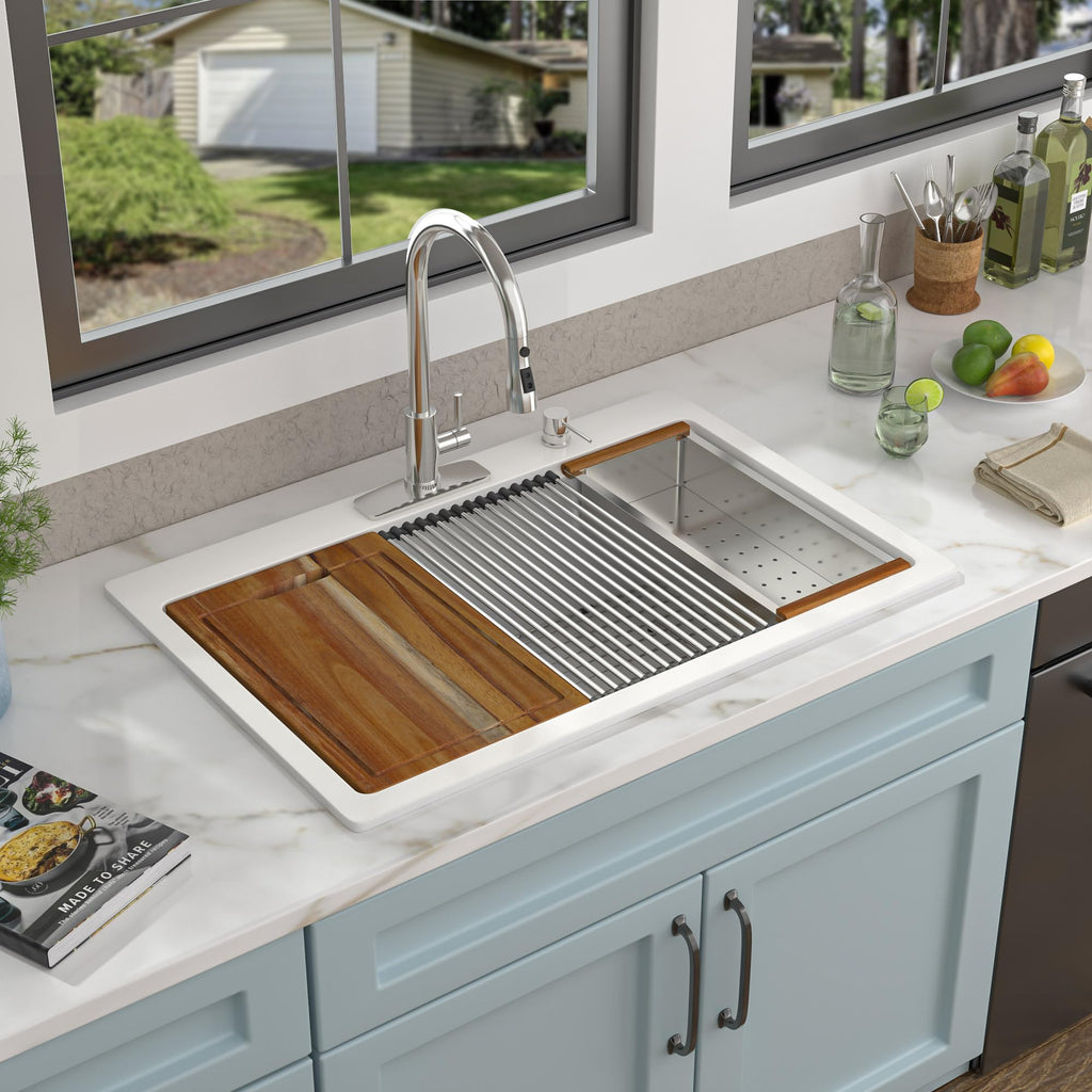 33 Granite Composite Kitchen Sink - 33"x22" Granite Kitchen Sink White Ledge Workstation Drop-In Topmount Quartz