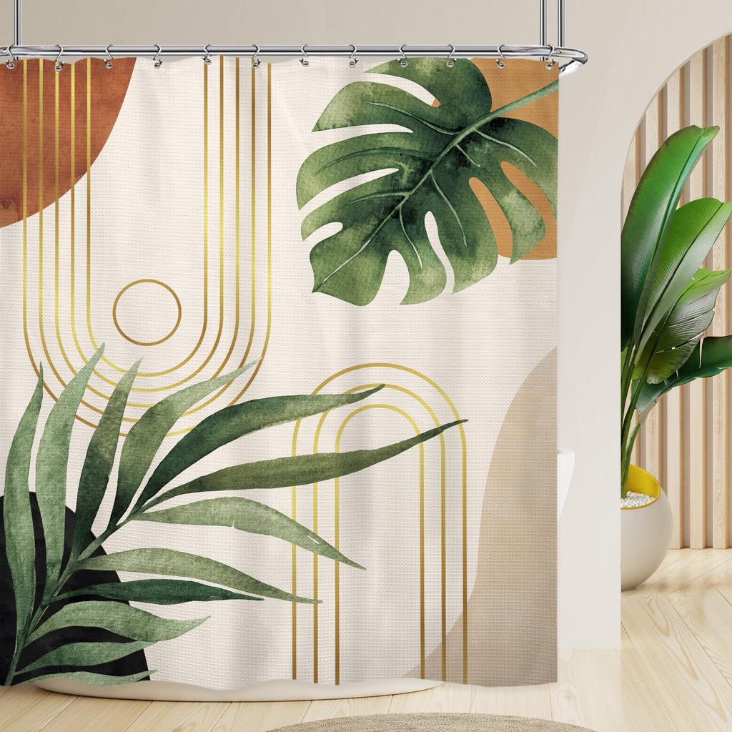 Waffle Boho Green Shower Curtain Thick Weighted Heavy Bathroom Curtain Set