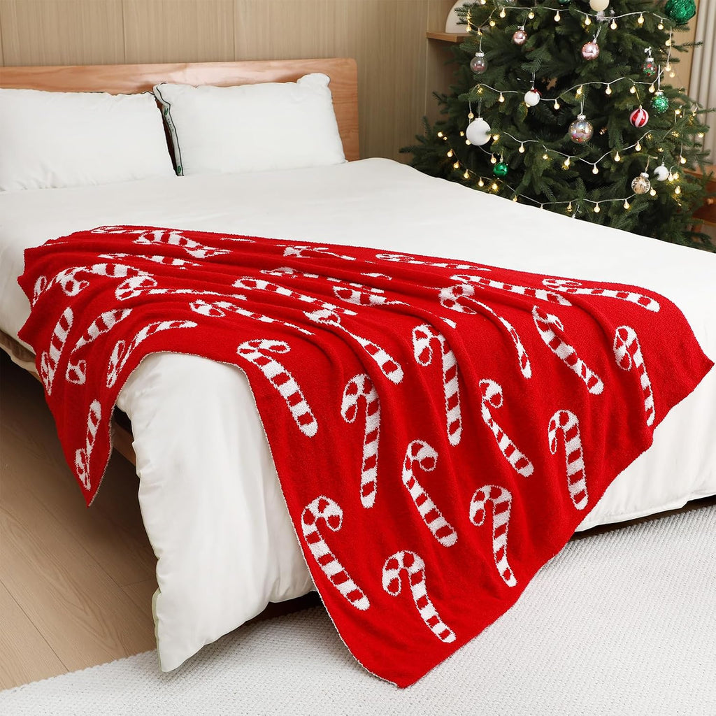 Christmas Candy Cane Knit Throw Blanket, 50 x 60 Inch Peppermint Red and White Xmas Reversible Knitted Throw Blanket