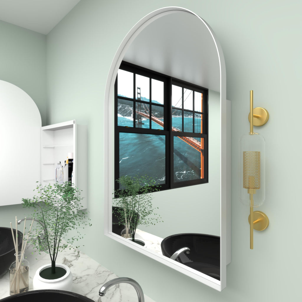 24" WX36 H Farmhouse Framed Medicine Cabinet with Mirror, Matte White Finish, Recessed or Surface Mount, Adjustable