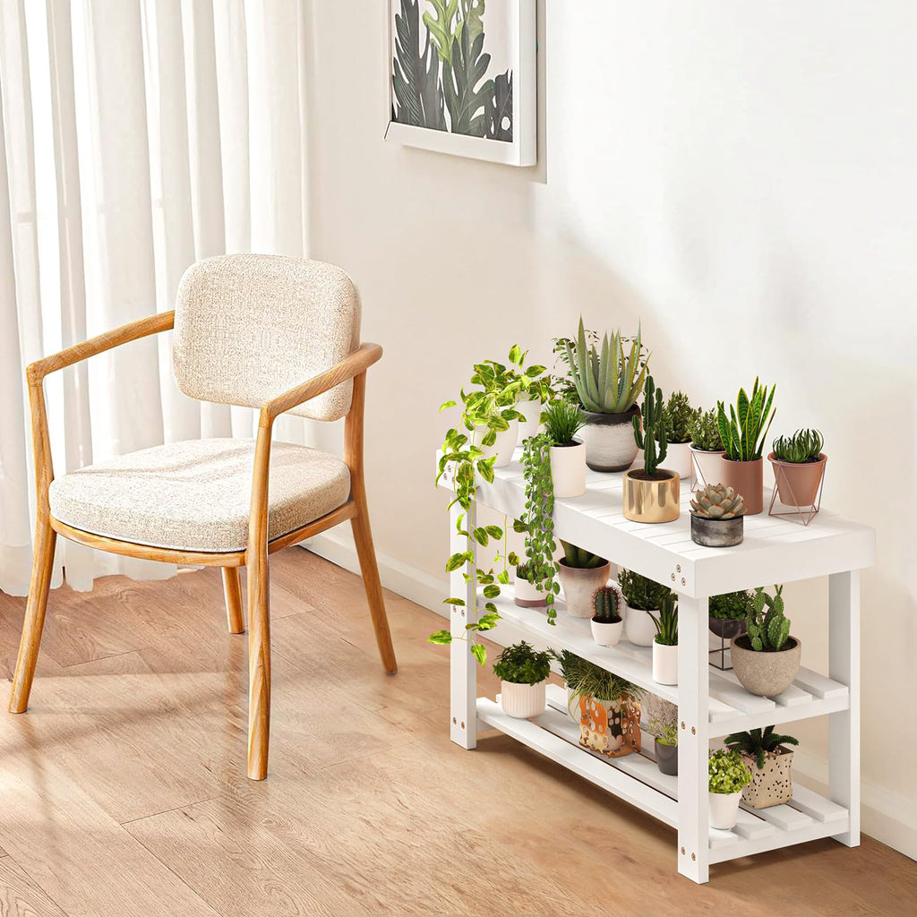 3 Tier Bamboo Shoe Rack Bench, White