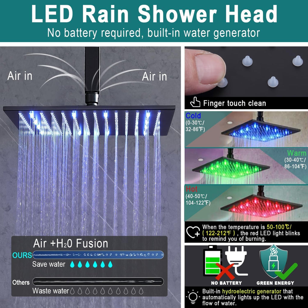 Thermostatic Shower System with Body Jets (Use All Functions At A Time), Ceiling Mounted 12 Inch LED Rain Shower with