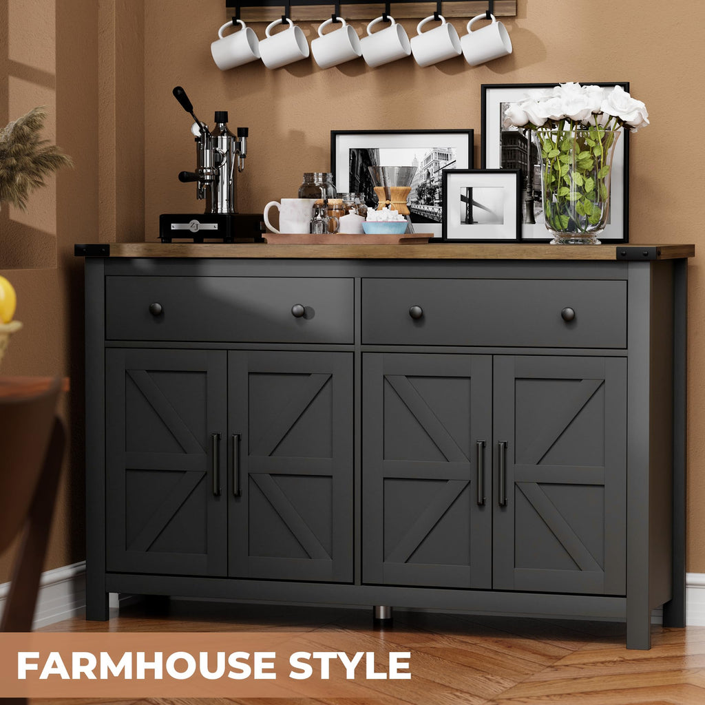 55" Sideboard Buffet Cabinet with Storage, Coffee Bar Cabinet with 2 Drawers and 4 Barn Doors, Long Storage Cabinet
