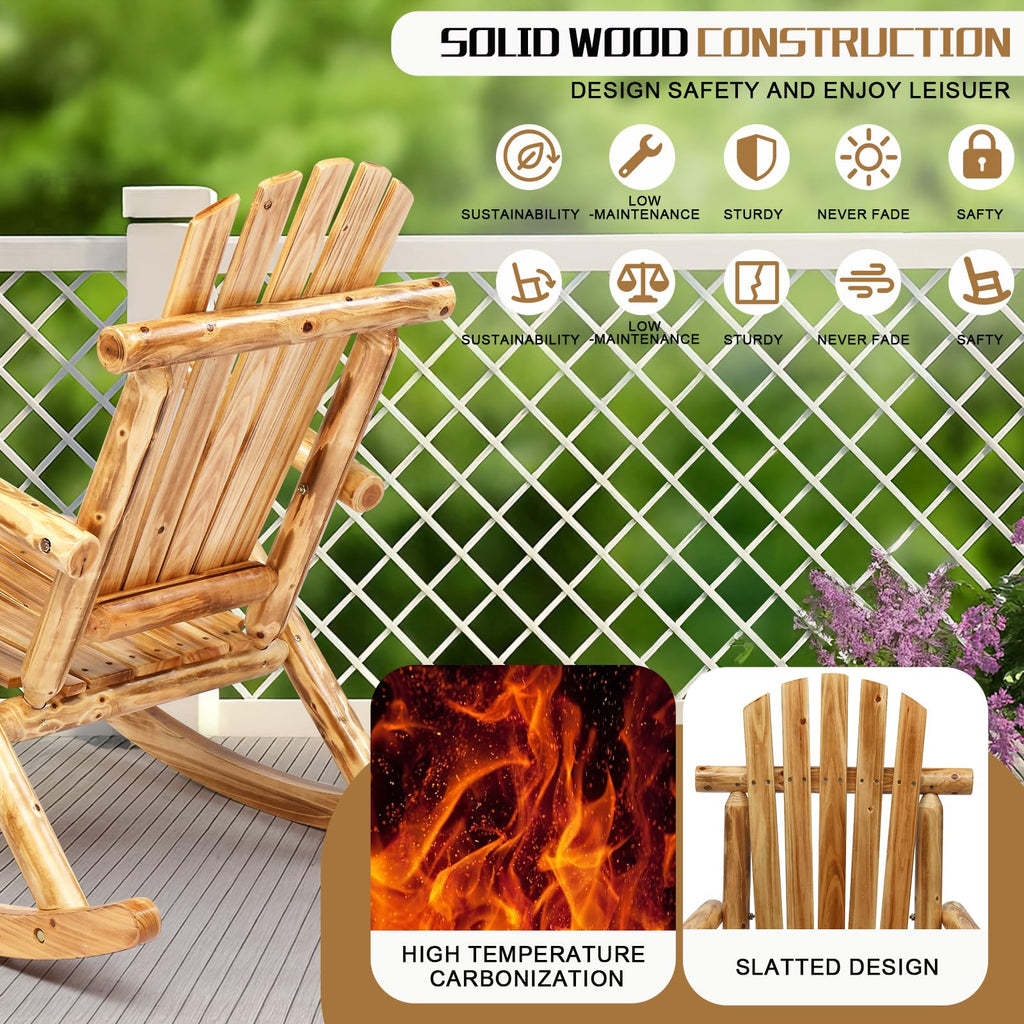 Wooden Rocking Chair, Fir Log Adirondack Rocker, Outdoor Wood Accent Furniture Lounge Chairs for Garden Patio