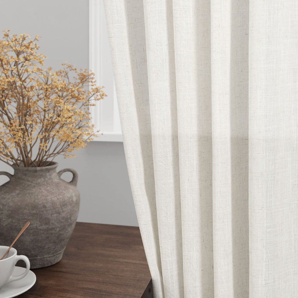 Cream Linen Back Tab Pocket Curtains 60 Inch Length 2 Panel Set Neutral Modern Farmhouse Window Curtain Semi Sheer
