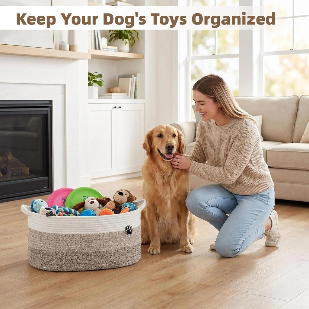 40L Extra Larg Dog Toy Basket, Woven Rope Storage Basket, White-Brown