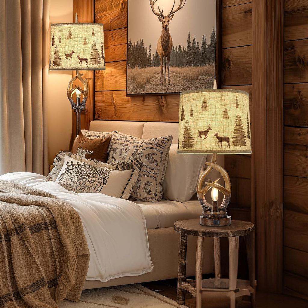 Rustic Farmhouse Antlers Table Lamp Set of 2 with Night Light