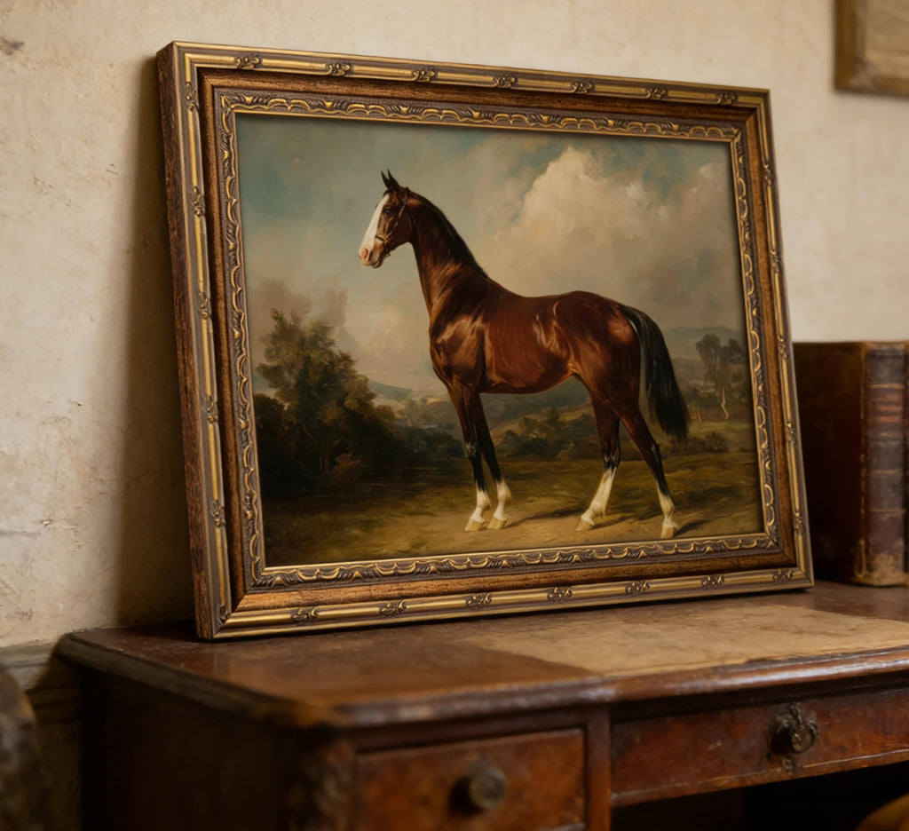 Vintage Gold Framed Horse Canvas Wall Art Farmhouse Animals Painting Picture Wall Decor Antique Picture Country