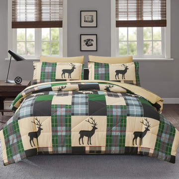 Comforter Set Plaid Patchwork Comforter Bedding-7 Piece Bed in a Bag, Rustic Soft Reversible Microfiber