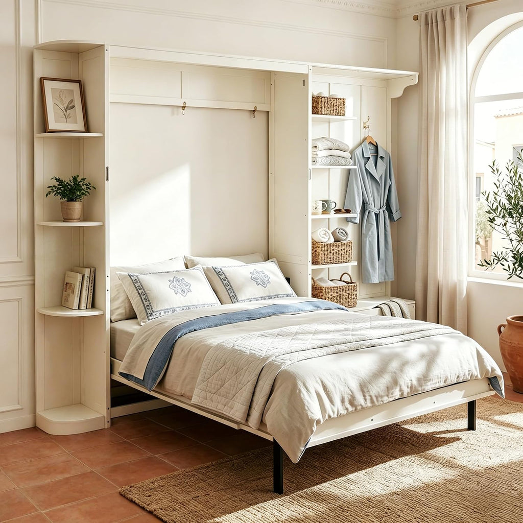 Queen Murphy Bed with Storage and Lights, Hidden Fold-Out Legs, Foldable Murphy Cabinet Bed with Hook, Built-in