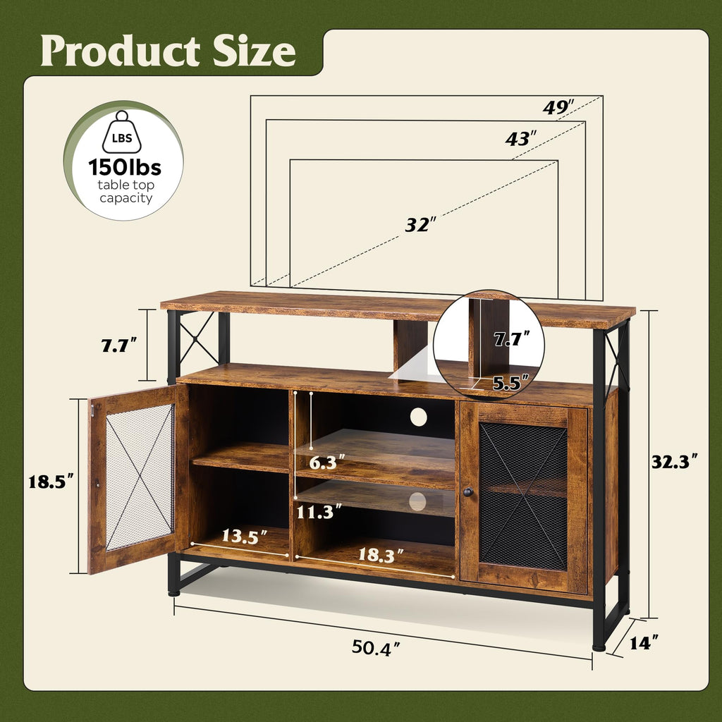TV Stand 55 inch TV, Tall Entertainment Center with Storage, Farmhouse Industrial TV Console Living Room, Rustic Brown