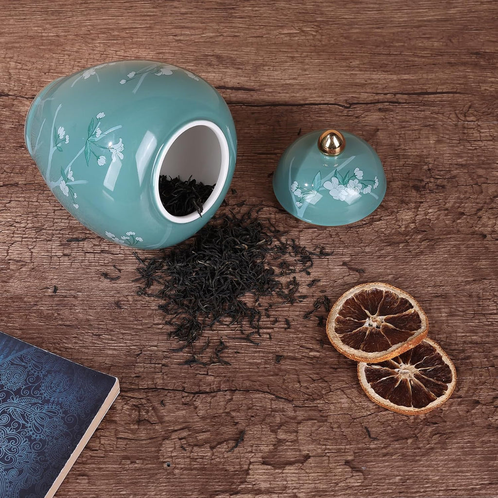 Green Pine Blossom Ceramic Jar-Blue and White Porcelain Ginger Jar, Chinoiserie Decorative Storage Jar