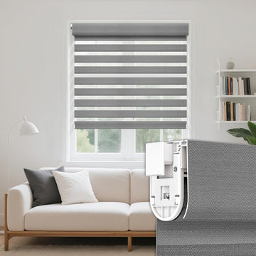 No Drill Cordless Zebra Blinds, Grey | Dual Layer Light Filtering Roller Shades,Day And Night Privacy Shades,Inside