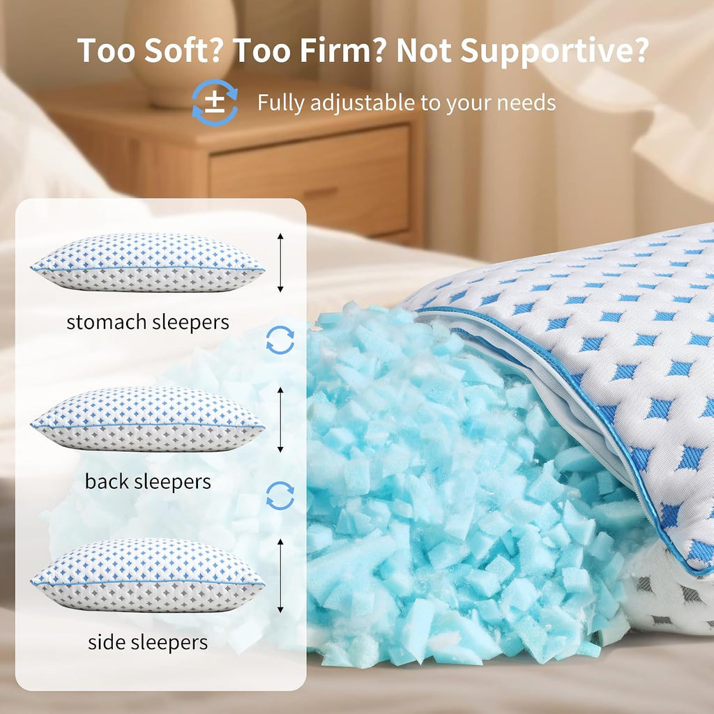 King Size Pillows Set of 2, Cooling Shredded Memory Foam Pillows | Adjustable Loft, Balanced Support, Medium Firm