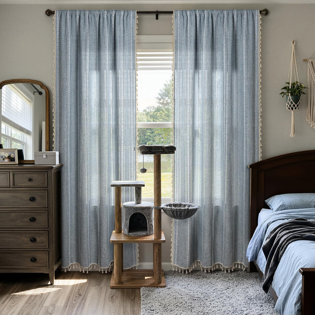 Blue Boho Curtains Linen-Textured Bedroom Light Filtering 84 Inches 2 Panels Farmhouse Embroidered Striped Curtains &
