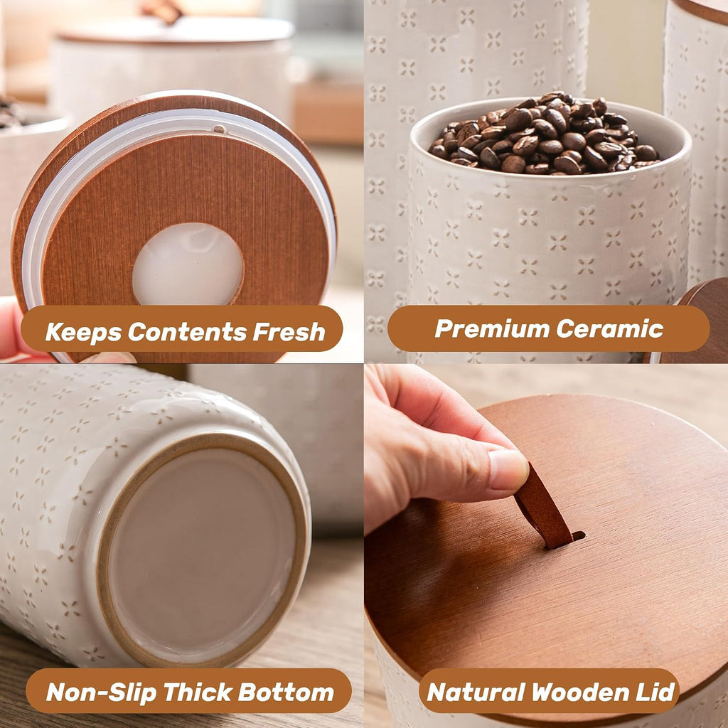 Embossed Ceramic Canister Set with Airtight Bamboo Lid - Set of 3