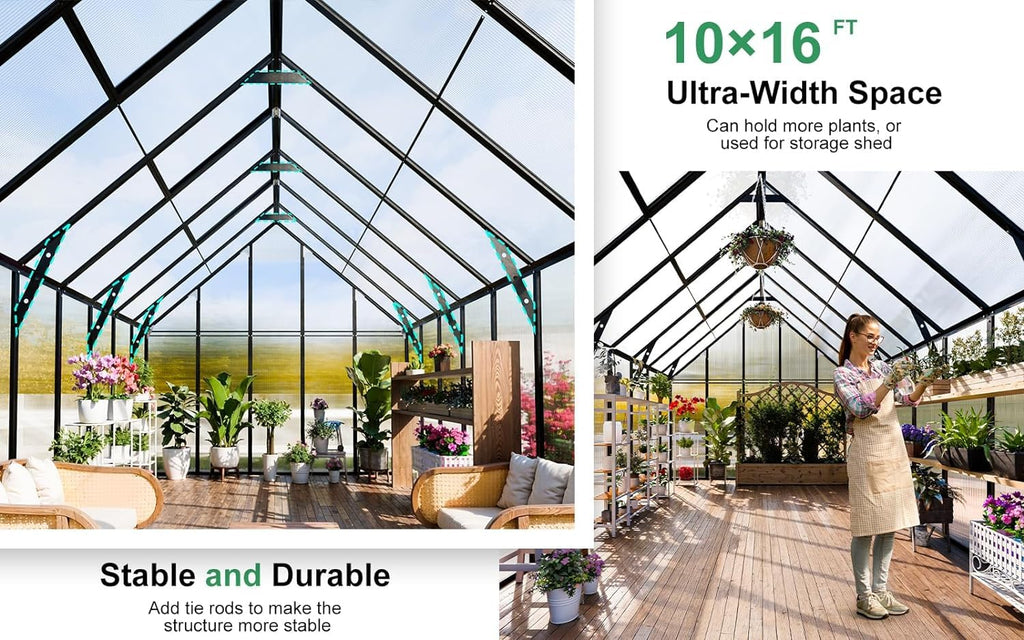 16x10x10 FT Polycarbonate Greenhouse for Outdoors w/3 Windows