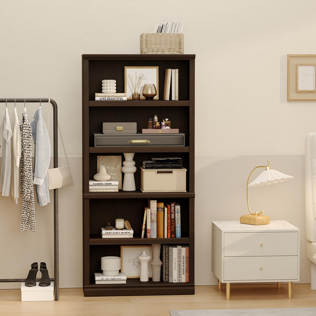 5-Shelf Tall Bookcase Wooden Bookshelves 33in Wide Floor Standing Display Storage Book Shelves 70 in Dark Cherry