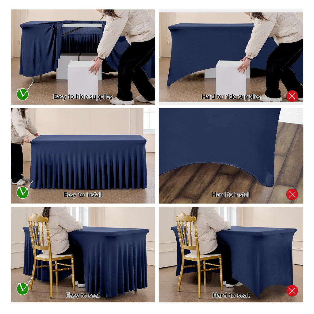 Spandex Tablecloth 8FT Rectangle Table Cover 6 Pcs Navy Blue Wrinkle-Free