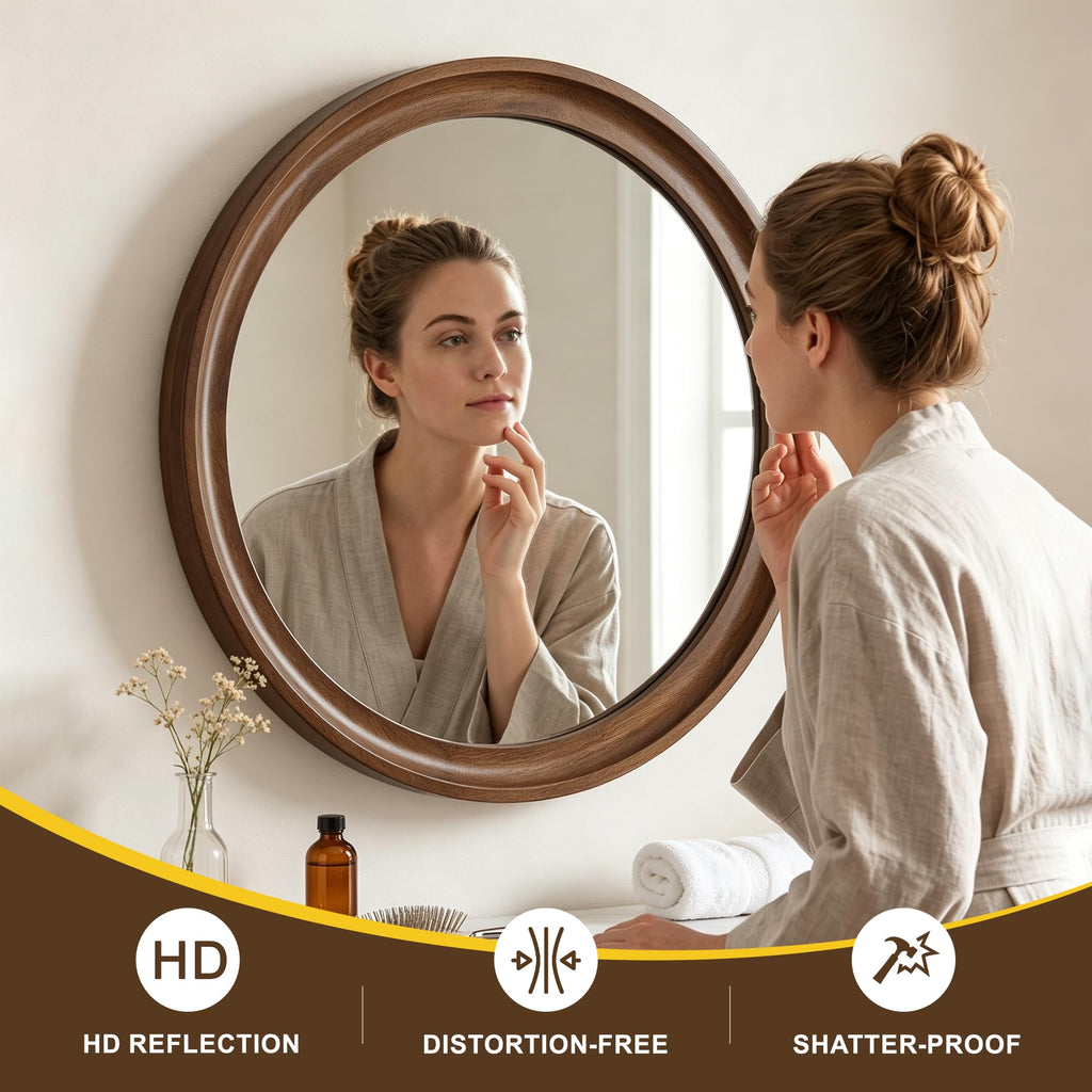 Round Wood Mirror, 26" Circle Mirror with Wooden Frame, Walnut Brown