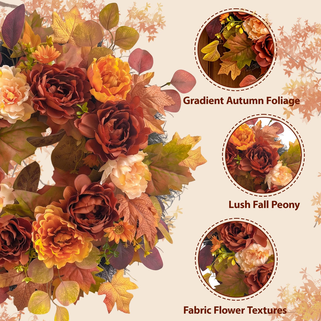 26Inch Full Fall Wreaths for Front Door Outside, Peony Hydrangea Wreath, Large Autumn Wreath Porch, Fall Wreath for