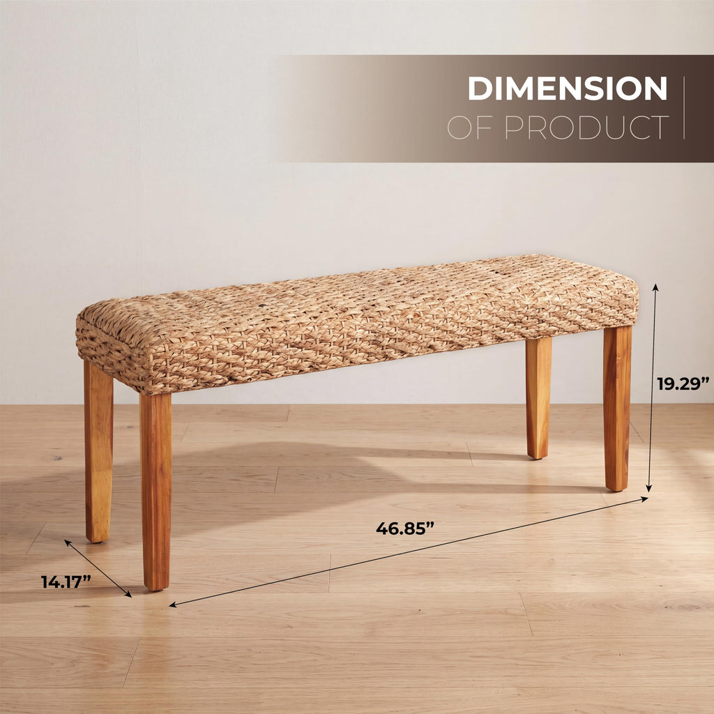 Indoor Wicker Bench 47" Solid Wood Acacia & Natural Woven Seat, Natural Leg