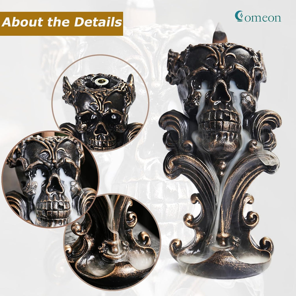 Backflow Incense Holder Burner Resin Skull Waterfall Metallic Gold - Set of 43