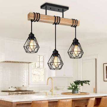 Farmhouse Dining Room Pendant Light Fixtures Over Table, Rustic Solid Wood Kitchen Island Lighting Hanging