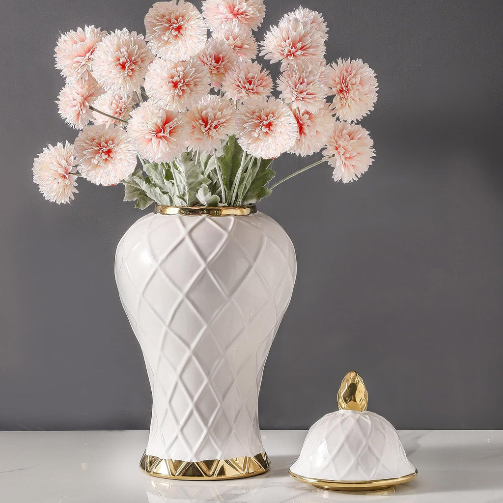 Ginger Jars Decor, White and Gold Vase, Decorative Ceramic Ginger jar with lid, Porcelain Flower Vase