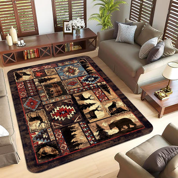 Bear Area Rug, Rustic Cabin Rug Mat Farmhouse Brown Rugs Retro Lodge Runner Carpet Moose Deer Non Slip Floor Mat