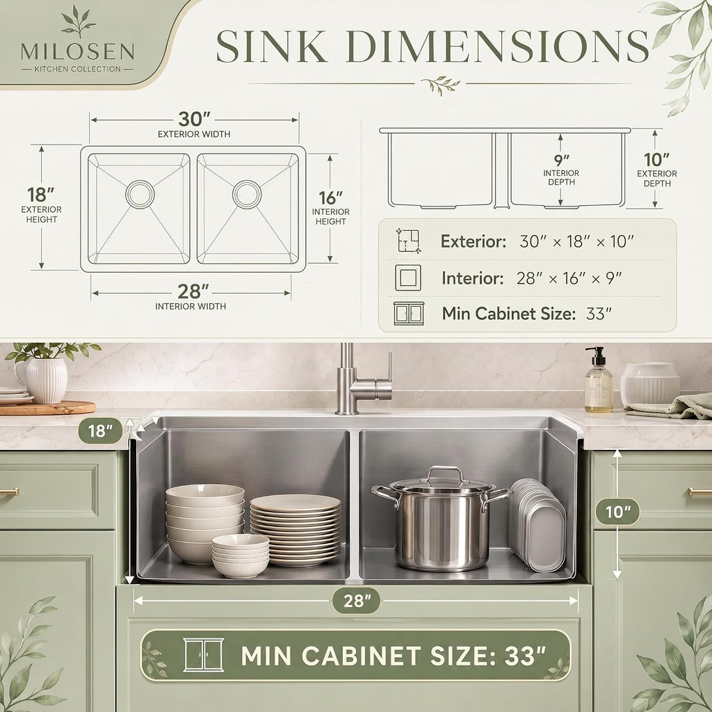 30''x18'' Double Bowl Undermount Kitchen Sink, T304 Stainless Steel 50/50 Workstation Sinks with 10'' Deep Basins &
