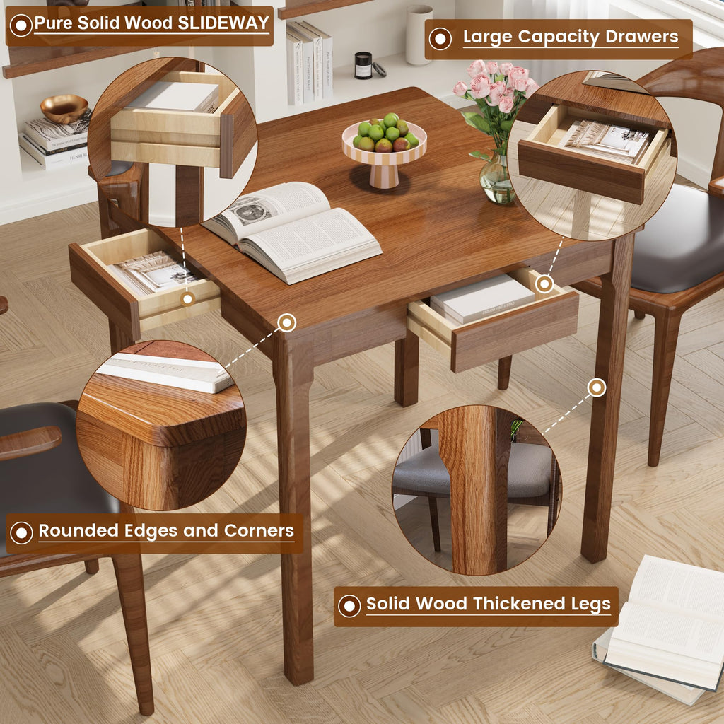 Solid Wooden Desk with Drawers - 29.5" Square Dining Table for 2-4 People, Rubberwood Mid Century Modern Desks, Small
