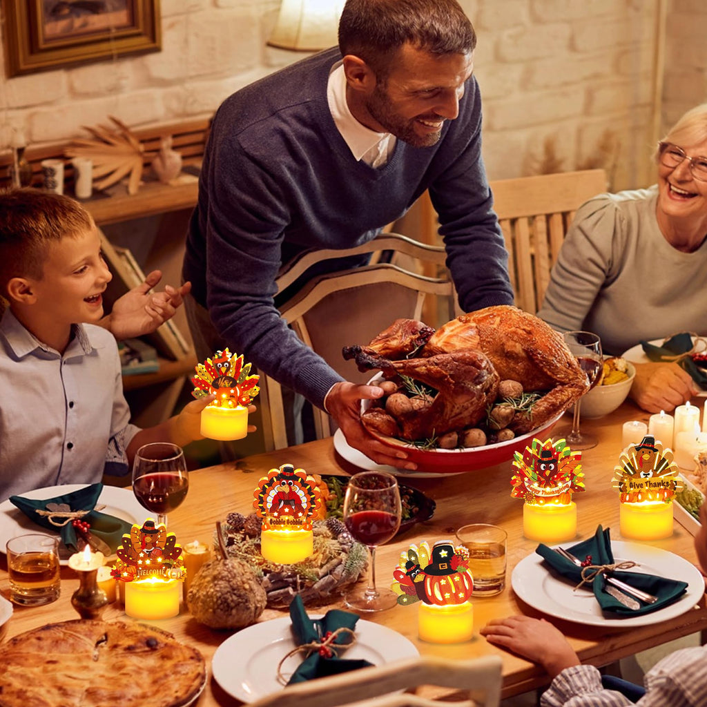 Thanksgiving Table Decorations 6 Pack Turkey Flameless LED Candles Battery Operated Turkey Tea Lights for Mantle