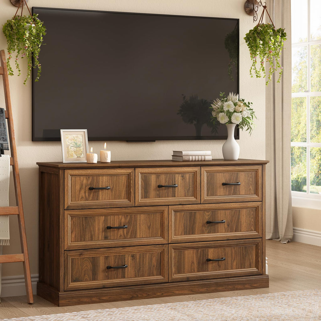 Farmhouse 7 Drawer Dresser, 55" Walnut Dresser with TV Stand