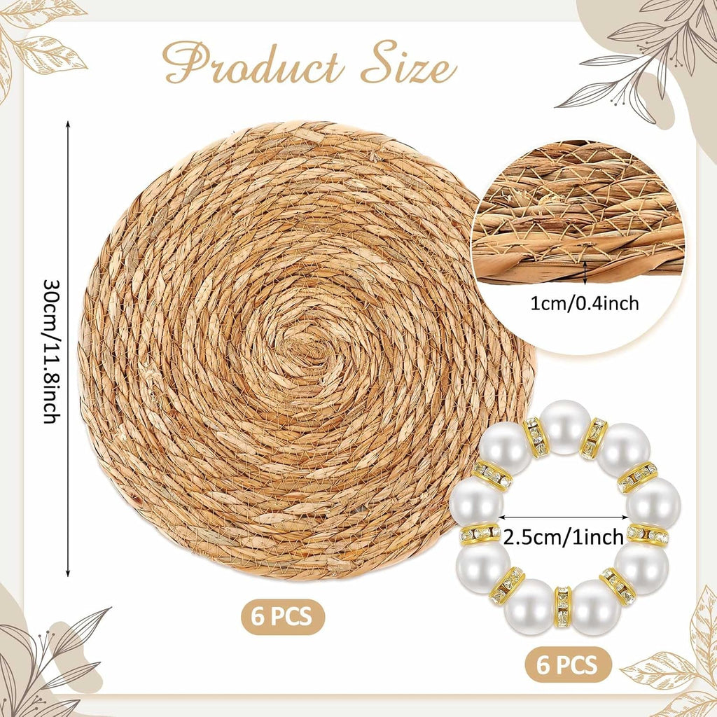 Sets Boho Placemats, Rattan Burlap Mats, Pearl Napkin Rings - Set of 6