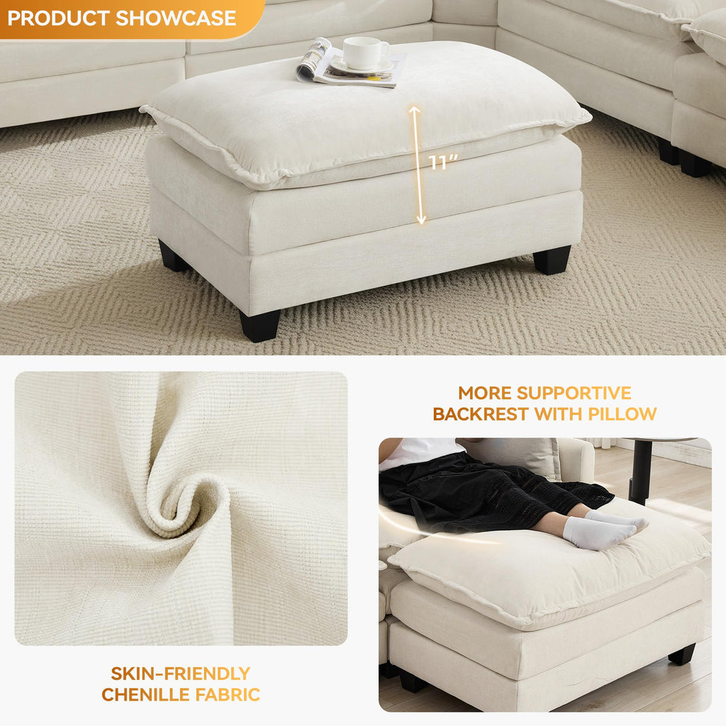 35'' Modern Chenille Cloud Sofa Ottoman, Rectangle Ottoman for Modular Sectional Sofa, Beige