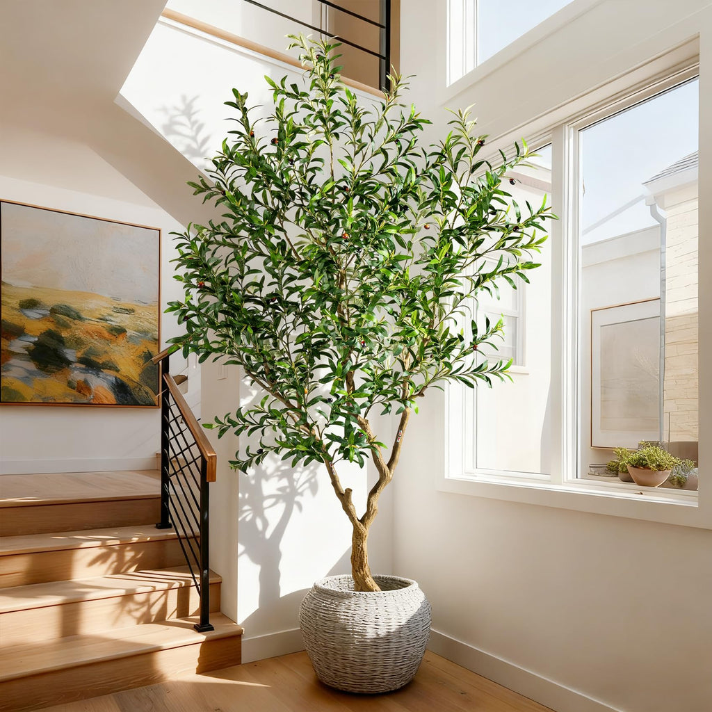 8FT Faux Olive Tree with Tall Exquisite Planter Artificial Olive Tree Tall, Potted Fake Olive Plant with 2070 Real