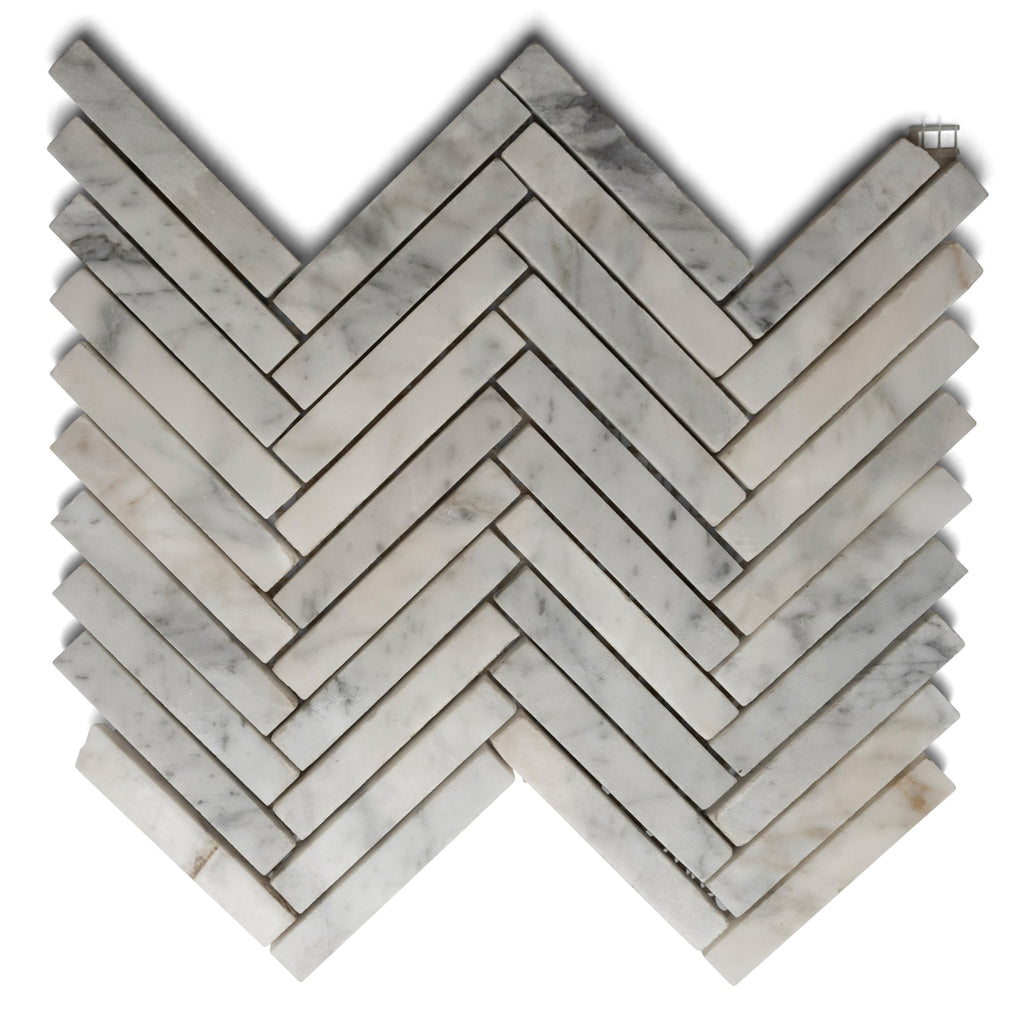 Carrara Small Chevron Mosaic Tile - 12" x 12" Hand-Sorted Polished Natural River Stone Kitchen Backsplash and Wall