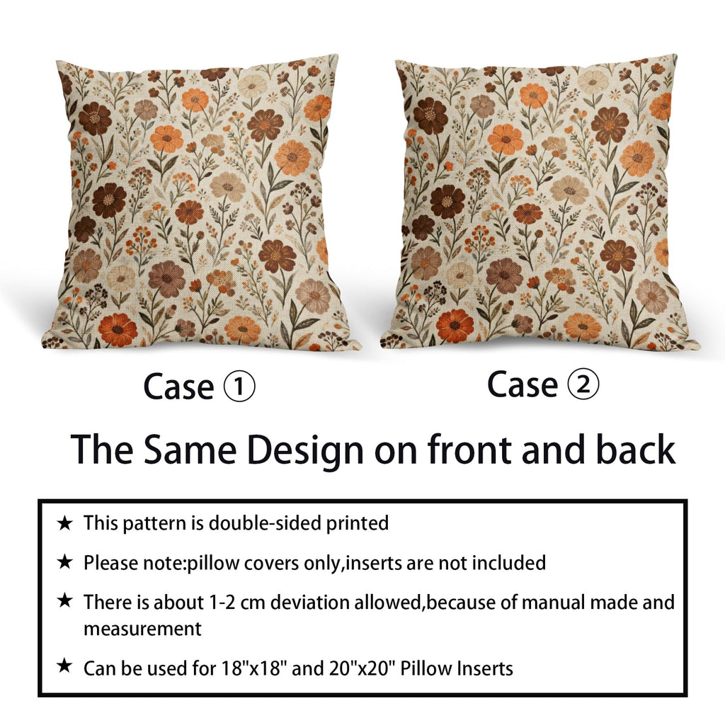 Vintage Floral Pillow Covers 24x24 Inch Set of 2 Rust Brown Orange Retro Country Flower Print Decorative Throw